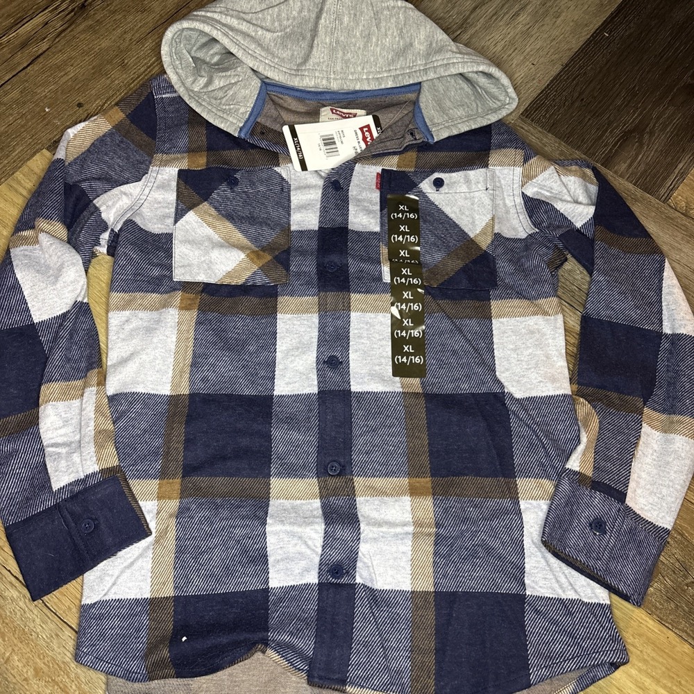 Levi's Boys 14/16 Plaid Button Up With Hood Super Soft NWT